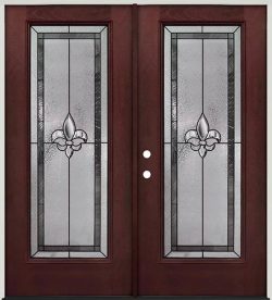 Fleur-de-lis Full Lite Pre-finished Mahogany Fiberglass Prehung Double Door Unit #84