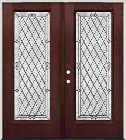 Diamond Full Lite Pre-finished Mahogany Fiberglass Prehung Double Door Unit #294