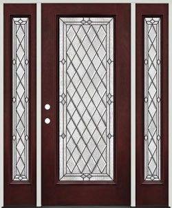 Diamond Full Lite Pre-finished Mahogany Fiberglass Prehung Door Unit with Sidelites #294