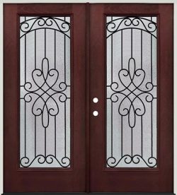 Full Lite Pre-finished Mahogany Fiberglass Prehung Double Door Unit #299