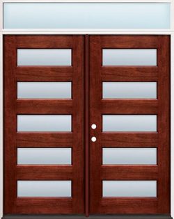Modern 5-Lite Mahogany Prehung Wood Double Door Unit with Transom #305