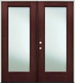 Privacy Glass Full Lite Pre-finished Mahogany Fiberglass Prehung Double Door Unit